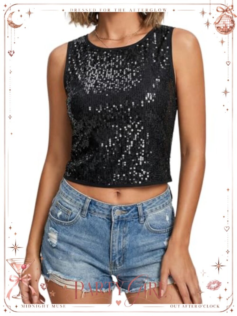 Sequin Crop Tank Top Sleeveless Glitter Party Concert Disco Shirt